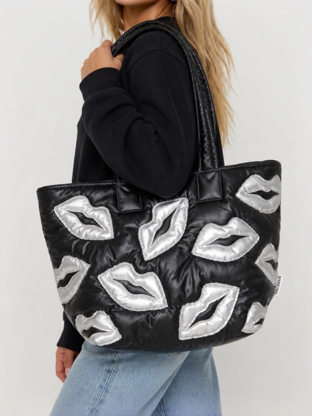 Wildfox Lips Tote Bag Black Quilted Silver Icon Shoulder Bag NWT